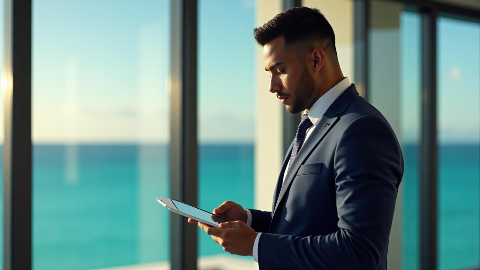 Modern business professional reviewing data in a Cayman luxury office setting